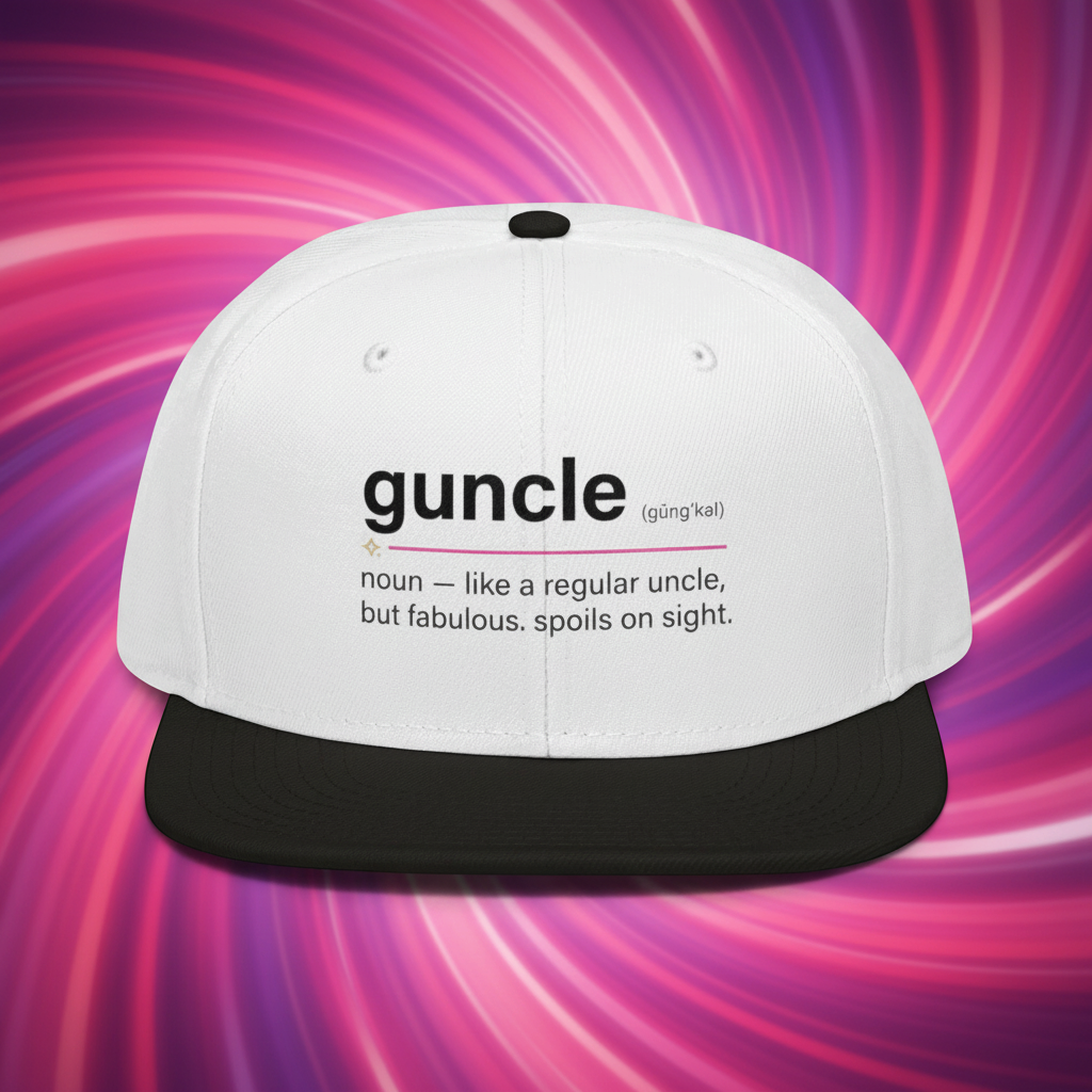 Flaunt It white snapback hat with Guncle definition graphic worn by a smiling man playing with a child outdoors