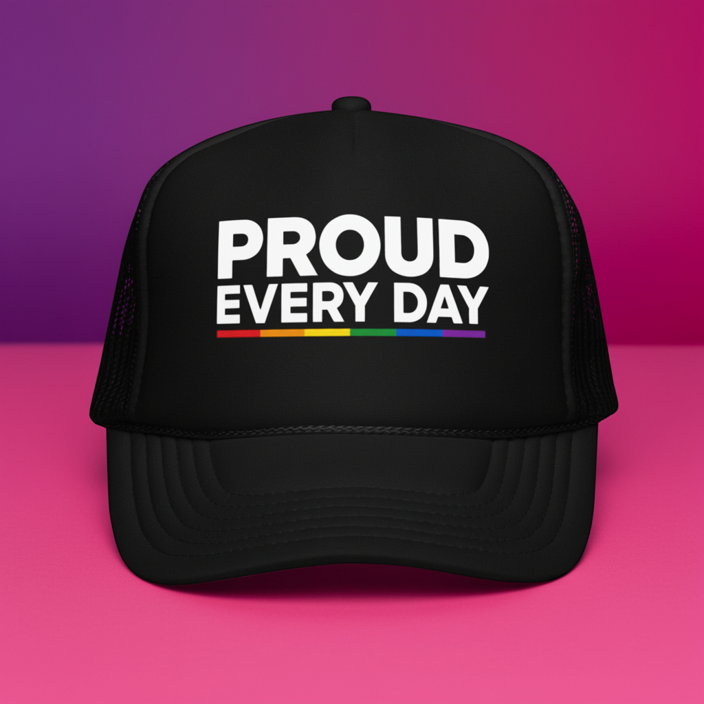 Flaunt It black structured 5-panel cap with Proud Every Day text and rainbow accent worn by a man in a coffee shop