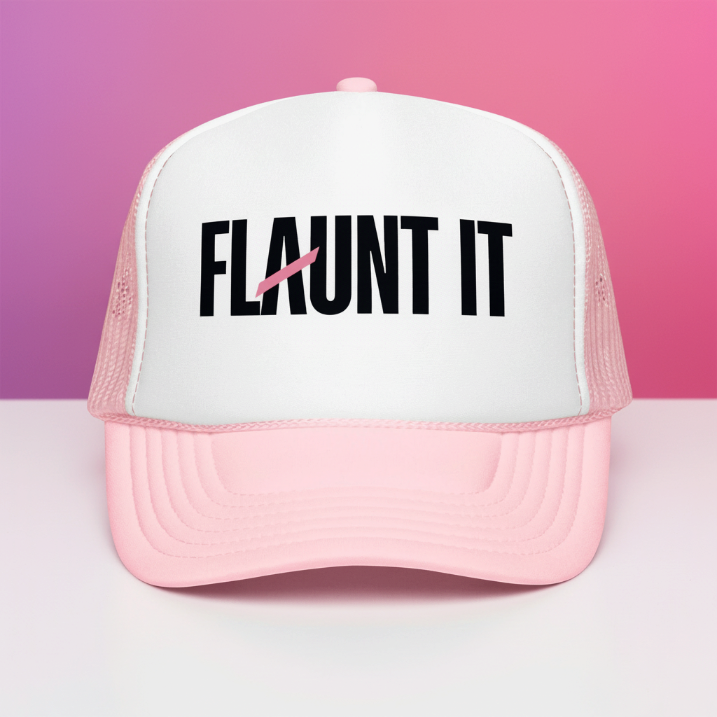 Flaunt It logo foam trucker hat in light pink and white with a structured 5-panel design and adjustable snapback.