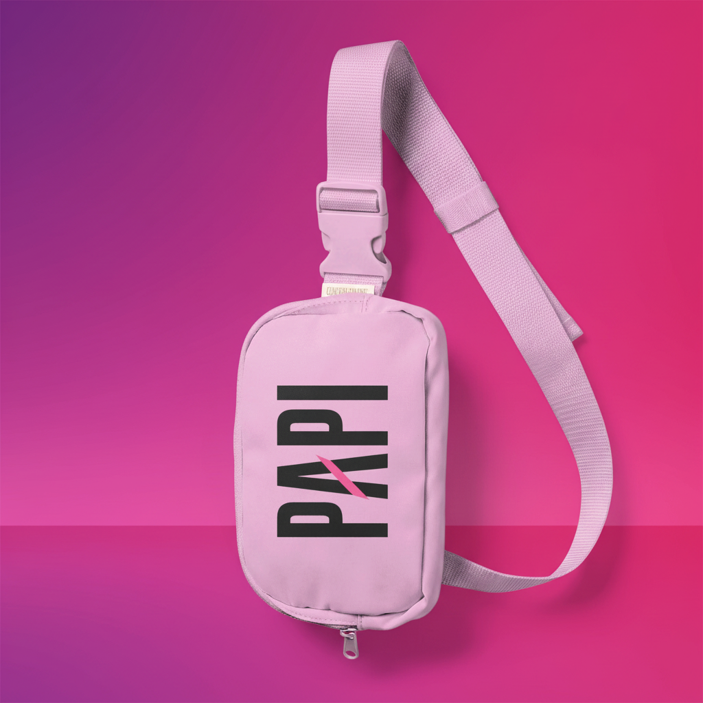 Flaunt It Papi premium nylon sling bag in light blue with bold black lettering and a signature pink slash detail.