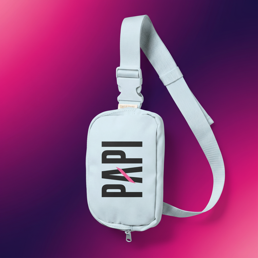 Flaunt It Papi premium nylon sling bag in light blue with bold black lettering and a signature pink slash detail.