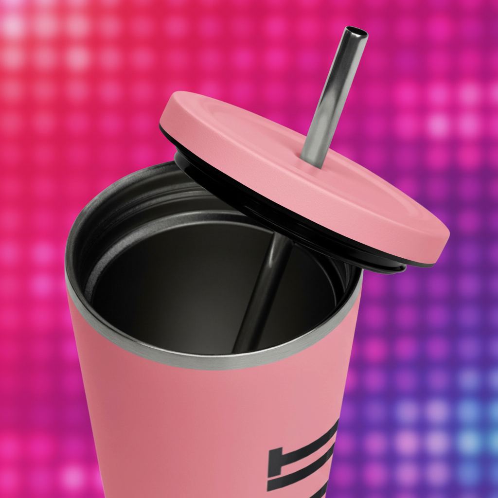 Flaunt It 20 oz pink stainless steel insulated tumbler with a reusable straw and bold black wordmark logo.