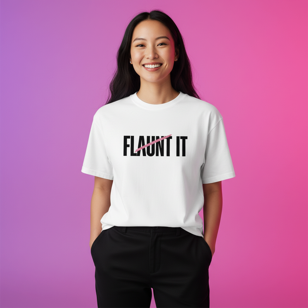 woman smiling wearing flaunt it tee