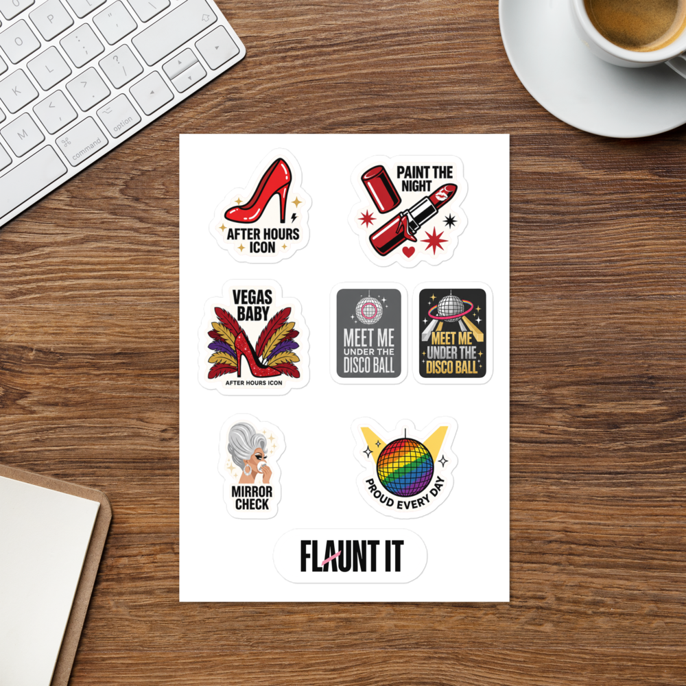 Flaunt It After Dark glossy sticker sheet featuring nightlife icons like red heels, lipstick, and disco balls.