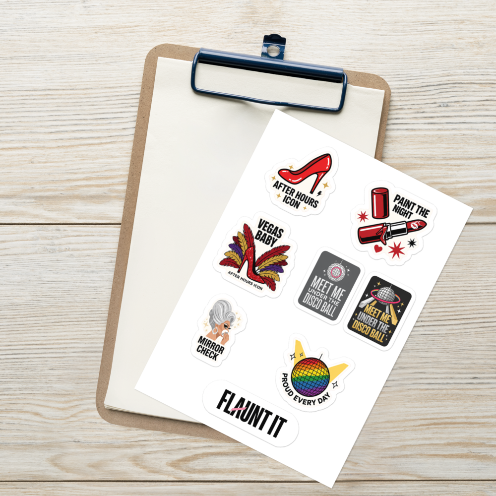 Flaunt It After Dark sticker sheet featuring nightlife designs like red heels, lipstick, and disco balls on a clipboard
