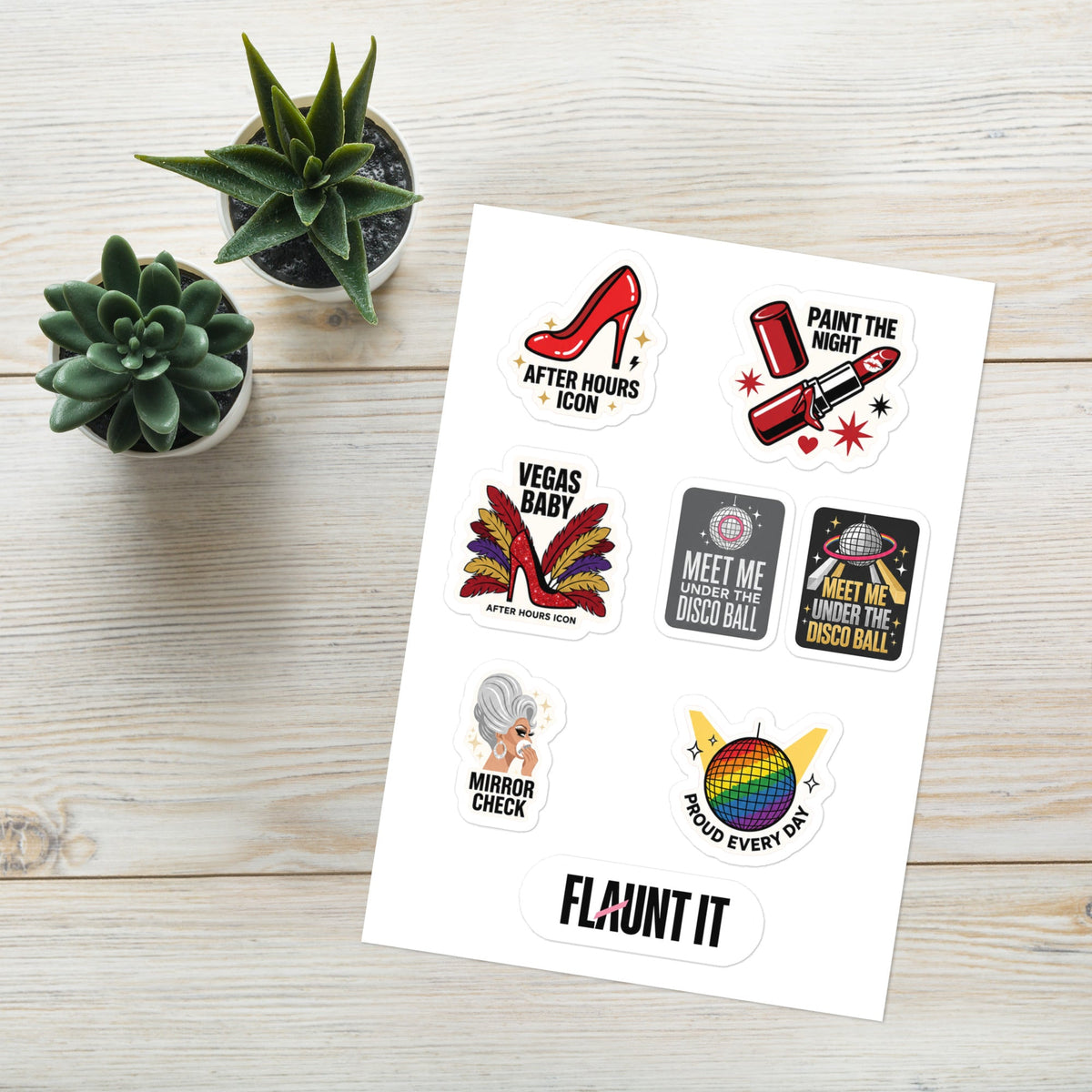 Flaunt It After Dark sticker sheet featuring glossy nightlife-themed designs like disco balls, red heels, and lipstick.
