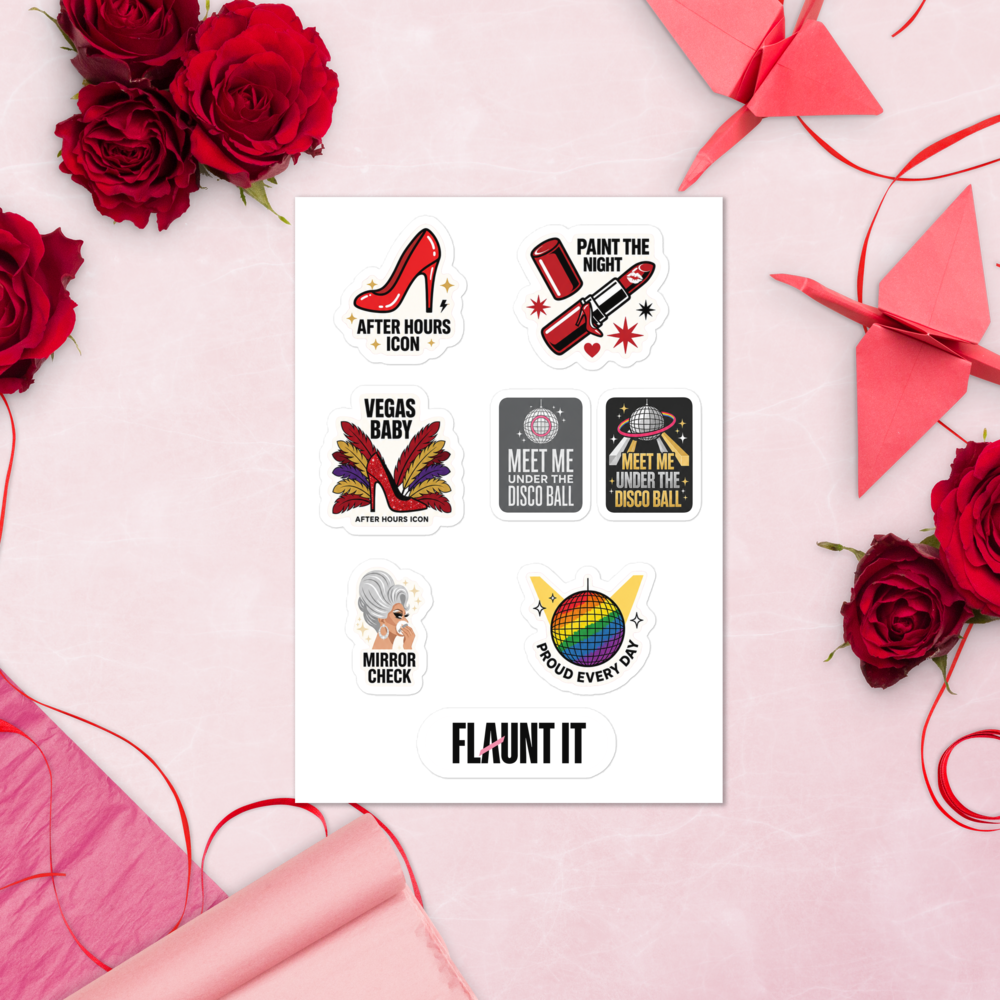 Flaunt It After Dark sticker sheet featuring nightlife-themed glossy kiss-cut designs on a pink background with roses.