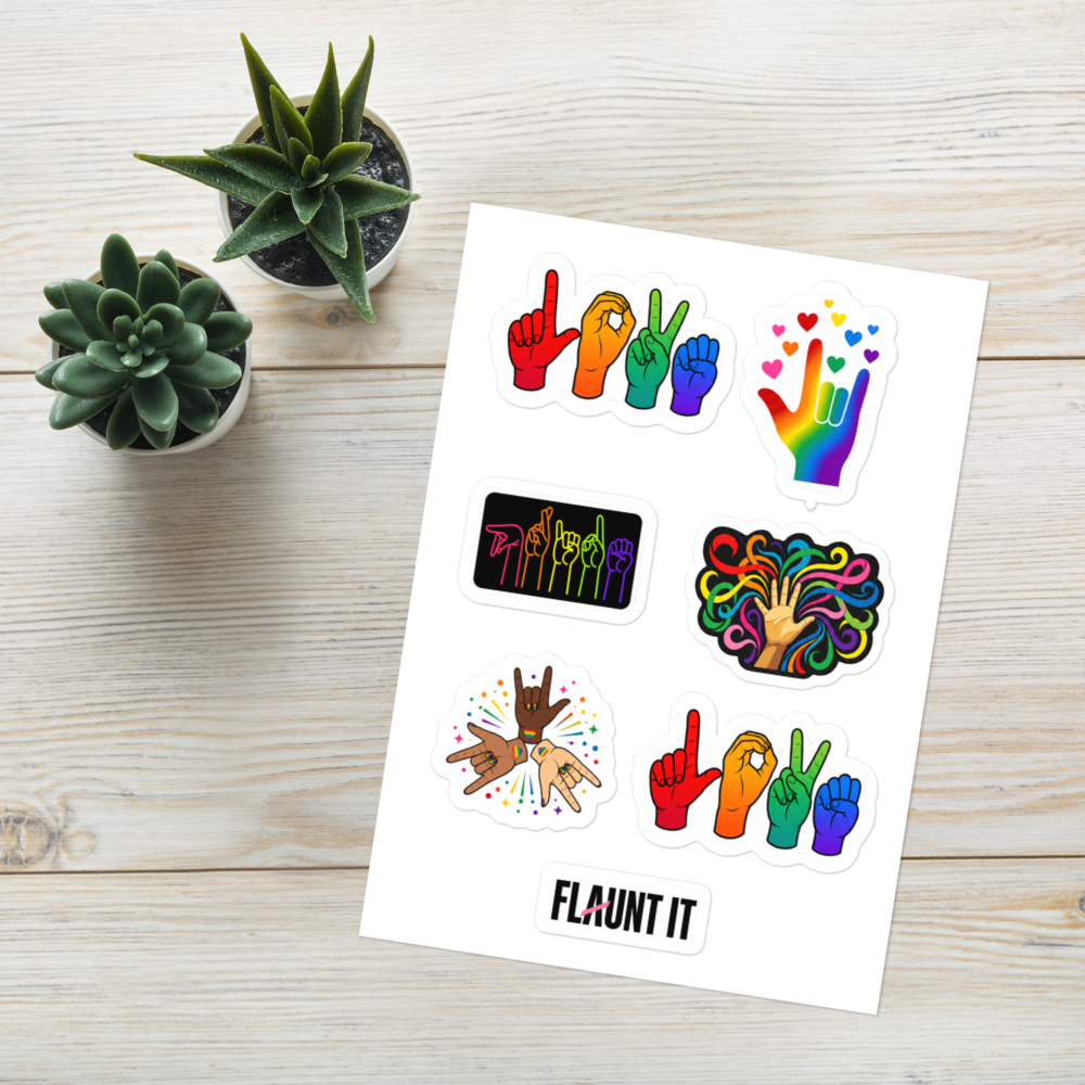 Flaunt It ASL Pride sticker sheet featuring colorful hand signs and rainbow designs on a white background with plants.