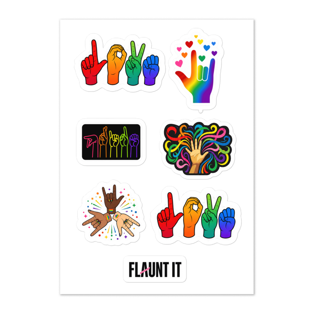 Flaunt It ASL Pride sticker sheet featuring colorful hand signs for love, ILY, and community on a glossy white background