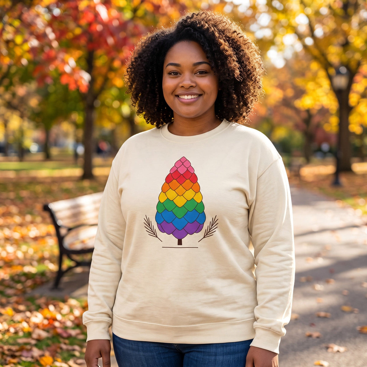 Flaunt It beige heavyweight long sleeve shirt with a colorful rainbow pinecone graphic worn by a smiling woman.