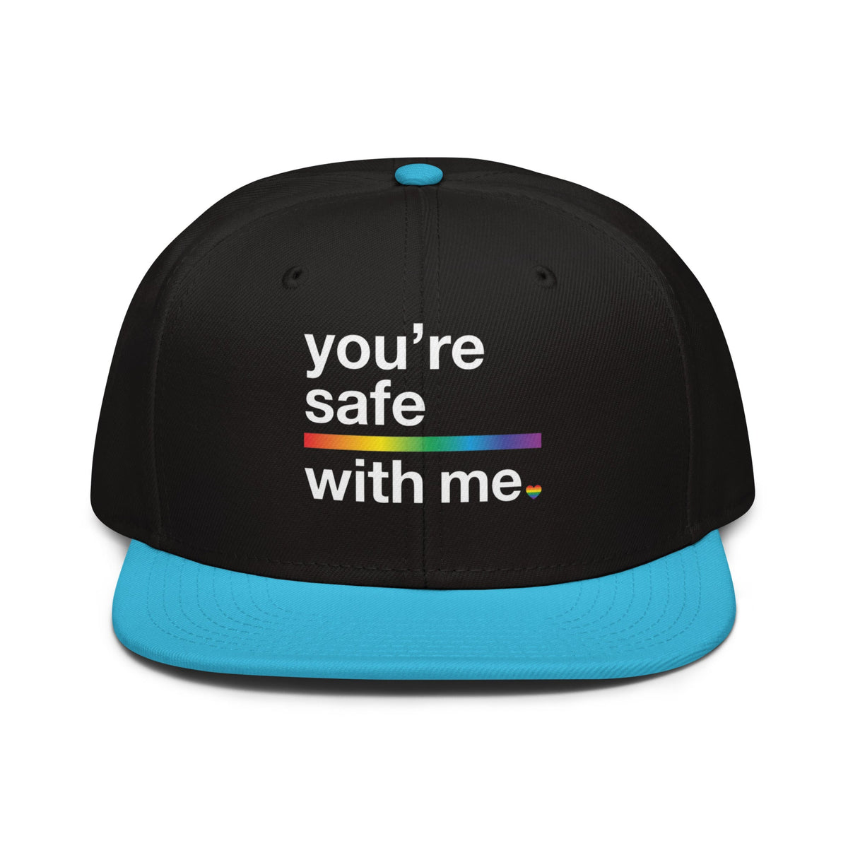 Flaunt It structured snapback cap featuring You're Safe With Me text and a rainbow graphic on a black and blue hat.