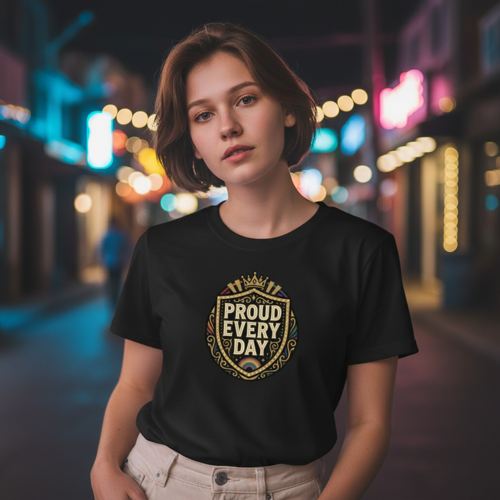 Flaunt It black unisex crew neck t-shirt featuring a gold-tone cabaret crest design worn by a woman at night
