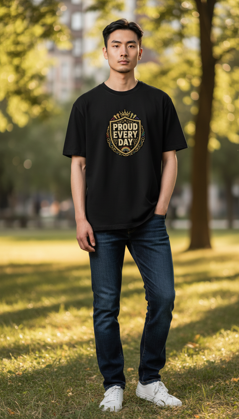 Flaunt It black unisex crew neck t-shirt featuring a gold-tone cabaret crest graphic worn by a man in a park
