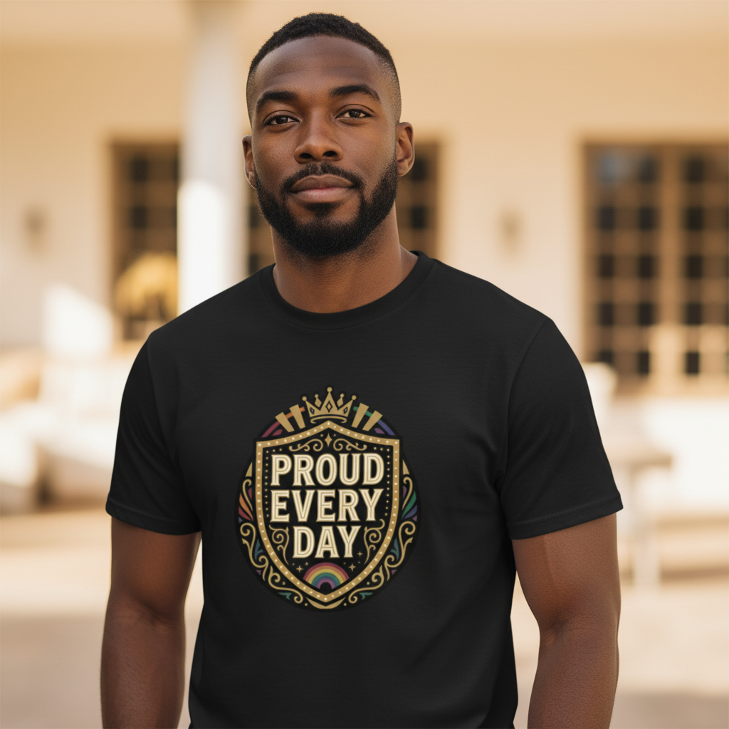 Flaunt It black unisex crew neck t-shirt featuring a gold-tone cabaret crest design with Proud Every Day text.