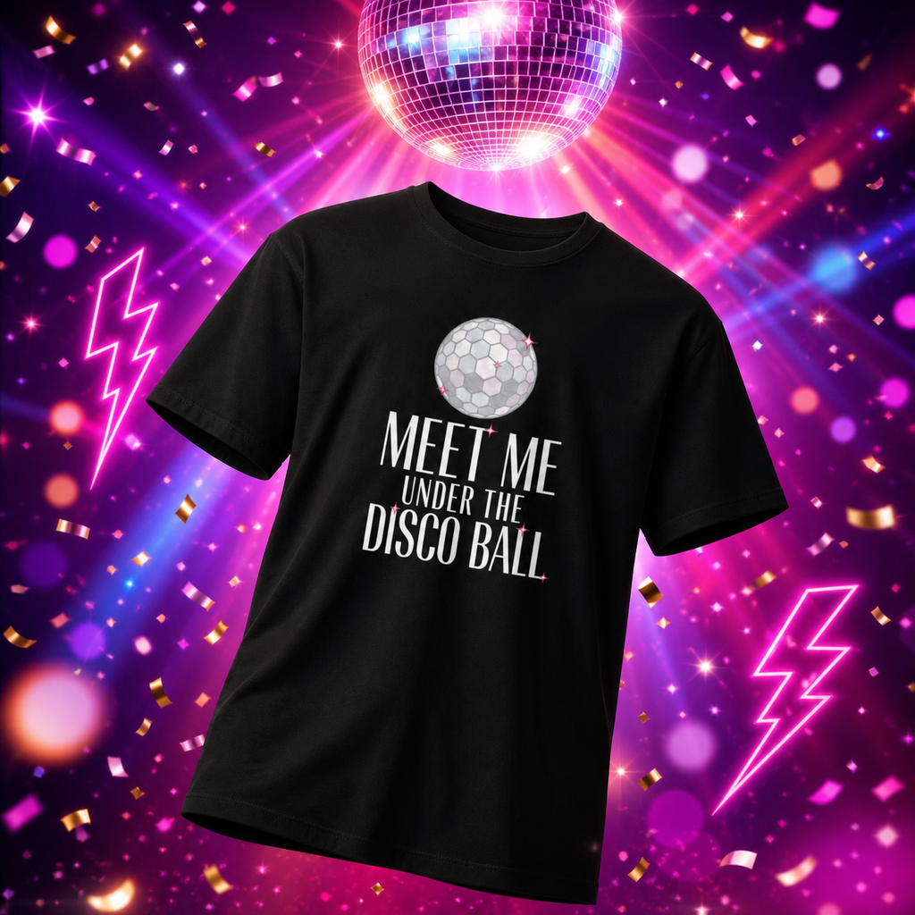 Flaunt It black premium cotton unisex t-shirt featuring Meet Me Under the Disco Ball graphic text and disco ball icon