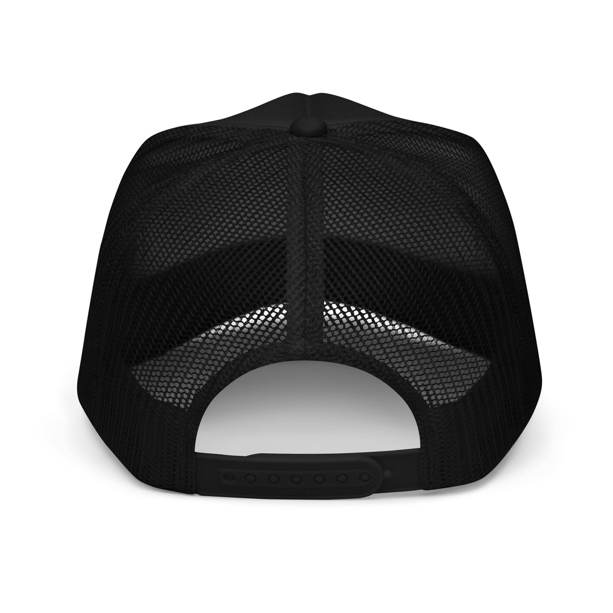 Flaunt It black unisex foam trucker hat with mesh back and adjustable plastic snap closure, rear view.