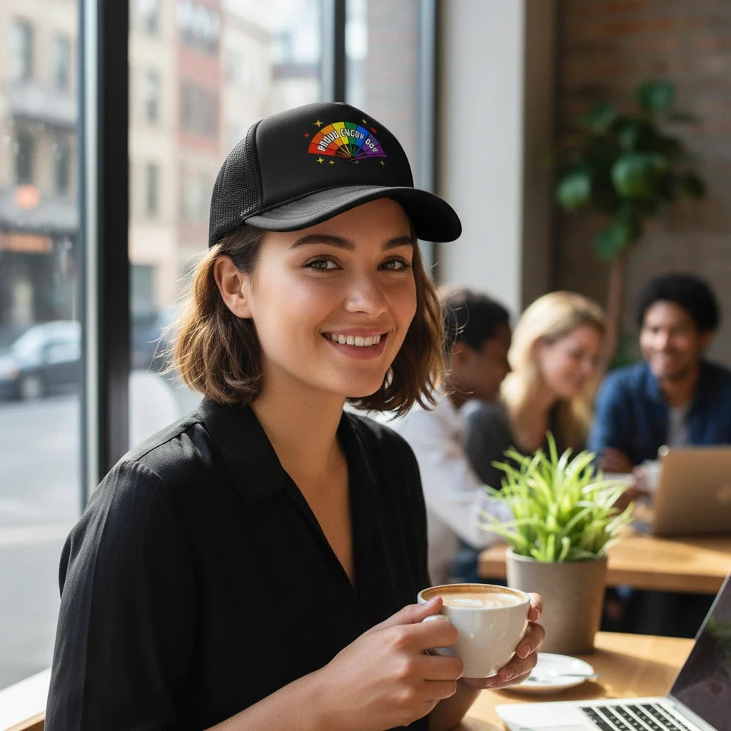 A woman wearing a black Flaunt It foam trucker hat with a rainbow fan graphic while sitting in a cafe.