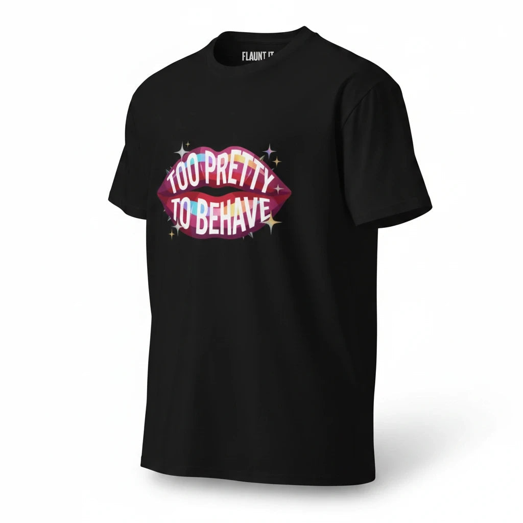 Flaunt It black unisex crew neck t-shirt featuring a colorful graphic of lips with the text Too Pretty to Behave.