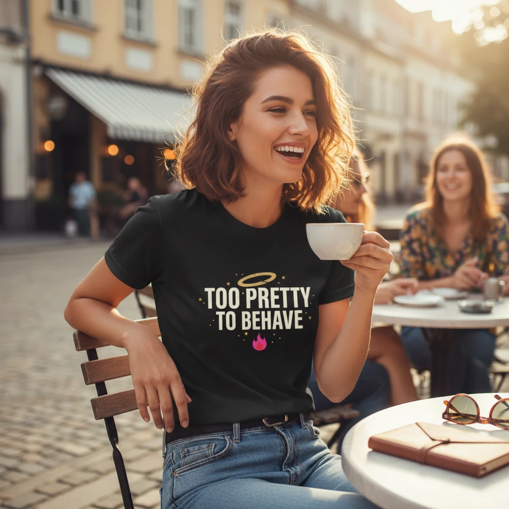 Flaunt It black cotton crew neck t-shirt with Fallen Angel graphic worn by a smiling woman at an outdoor cafe