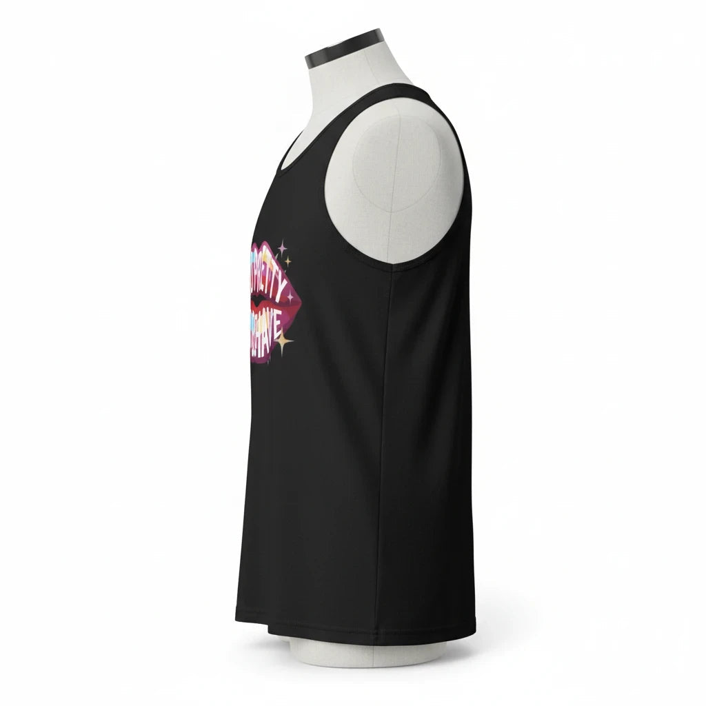 Flaunt It black unisex tank top featuring a bold graphic of lips with the text Too Pretty to Behave