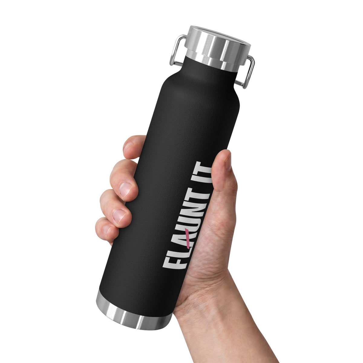 A hand holding a black Flaunt It 22oz stainless steel vacuum insulated water bottle with a silver leakproof cap.