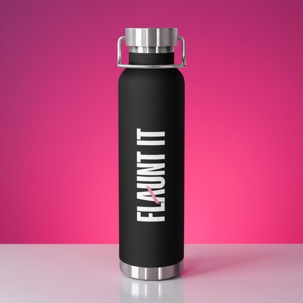 Flaunt It 22oz black stainless steel vacuum insulated water bottle with a leakproof cap against a pink background.