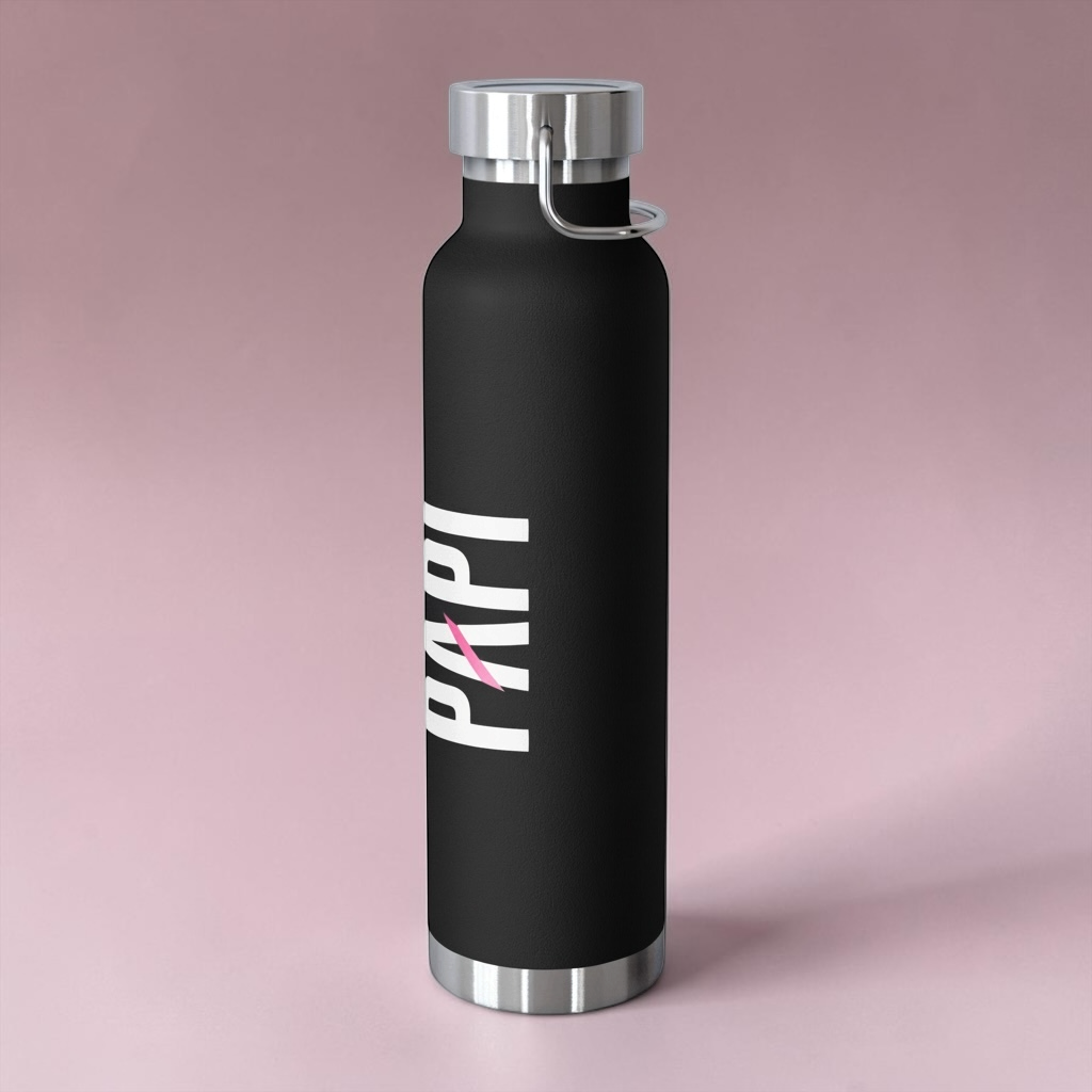 Flaunt It 22oz black stainless steel vacuum insulated water bottle with white PAPI text and a pink slash design.