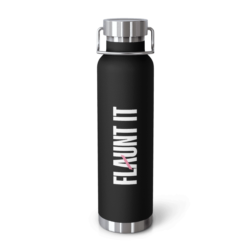 Flaunt It 22oz black stainless steel vacuum insulated water bottle with a leakproof cap and powder-coat finish.
