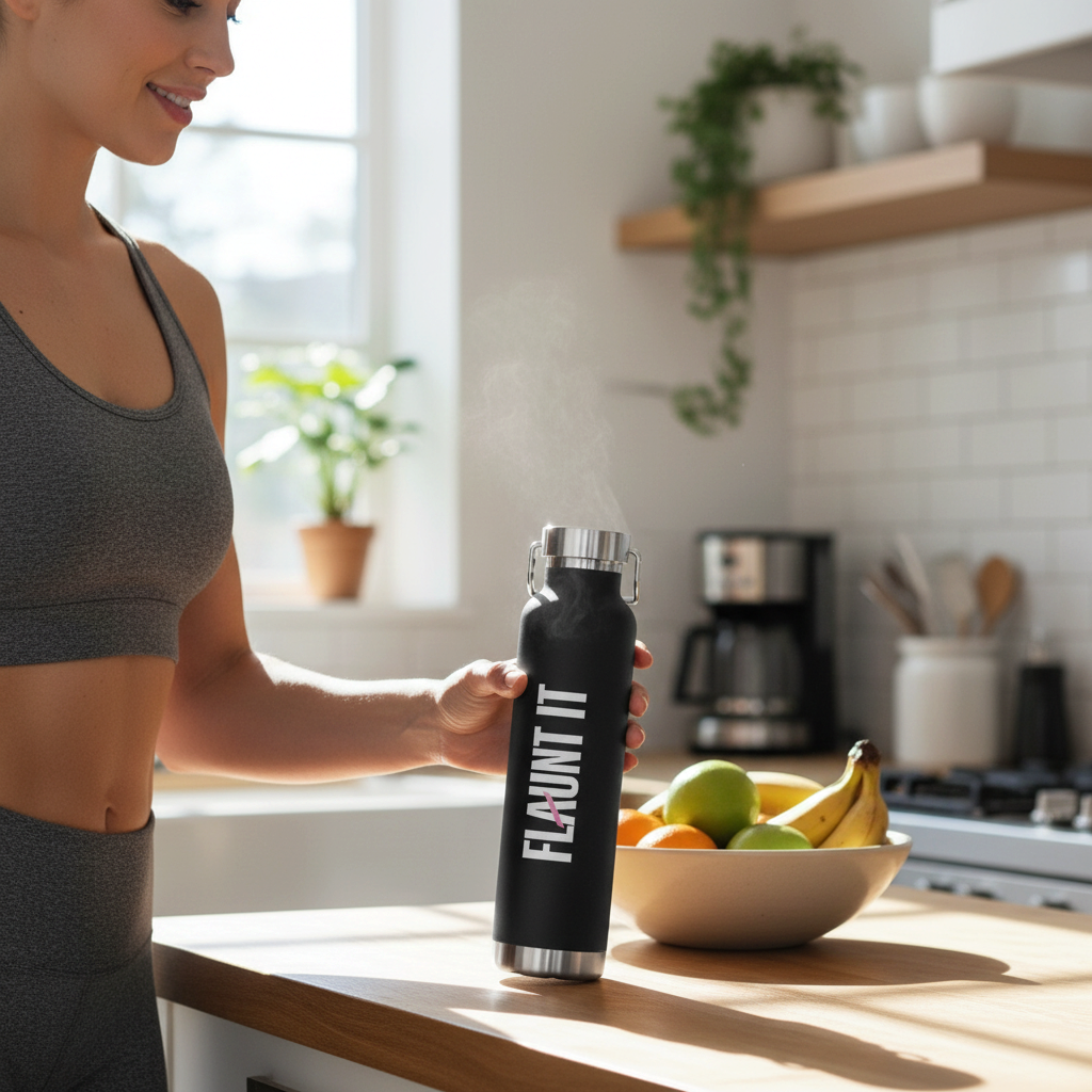 A woman in a kitchen holding a black Flaunt It vacuum insulated stainless steel water bottle with steam rising.