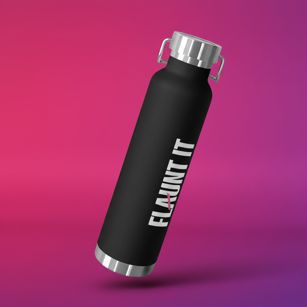 Flaunt It 22oz black stainless steel vacuum insulated water bottle with a leakproof cap against a gradient background.