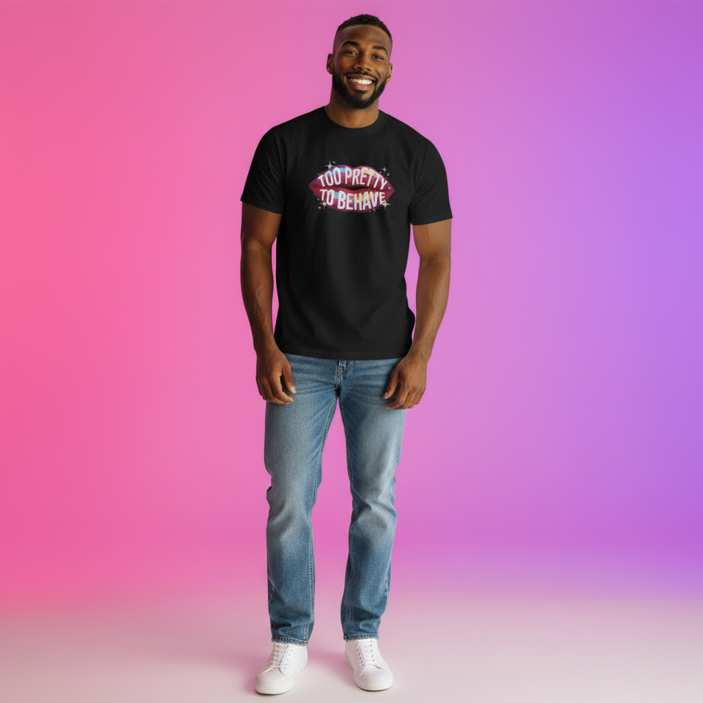 Flaunt It black unisex t-shirt featuring a colorful lips graphic with the text Too Pretty to Behave on a smiling man.