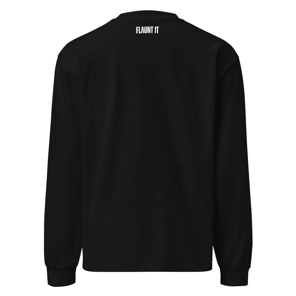 Flaunt It unisex heavyweight black long sleeve shirt with white logo on the back neck, relaxed fit cotton design.