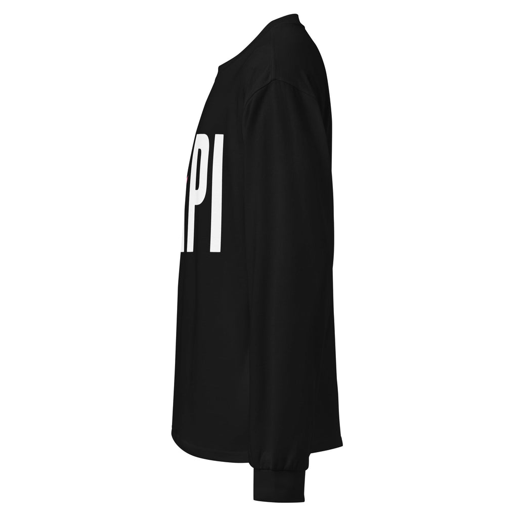 Flaunt It heavyweight black long sleeve shirt with white PAPI text and pink slash detail, side profile view.