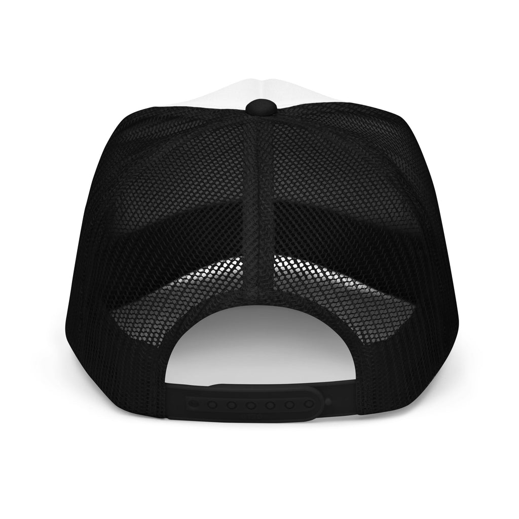 Back view of a Flaunt It structured trucker cap with a black mesh back and adjustable plastic snap closure