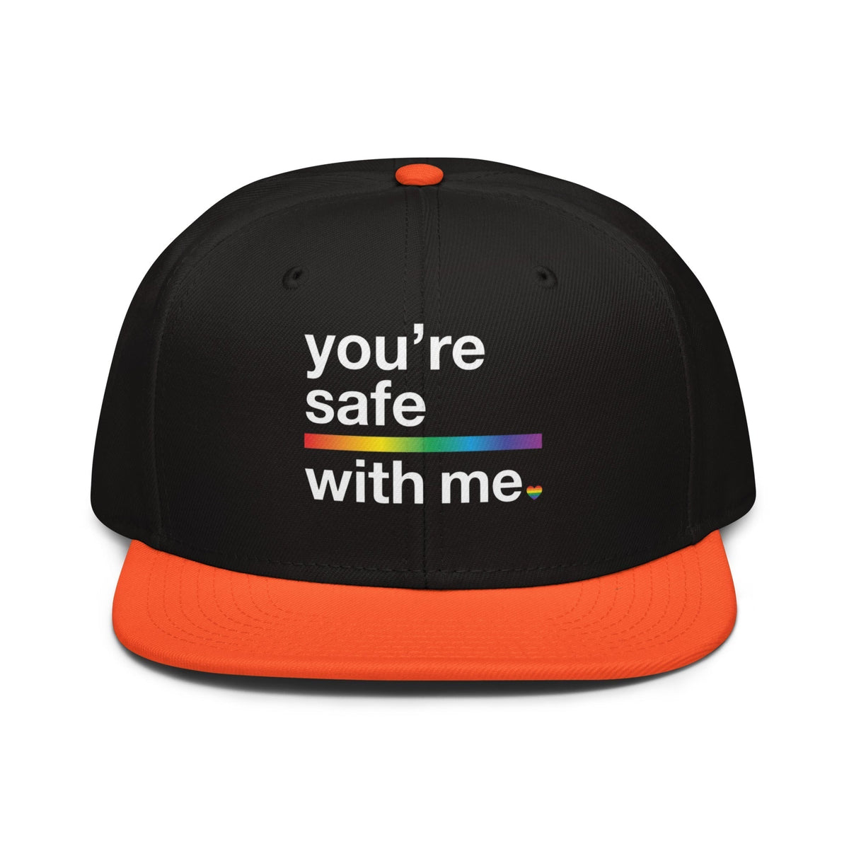 Flaunt It structured snapback cap in black and orange with You're Safe With Me rainbow graphic text on the front.