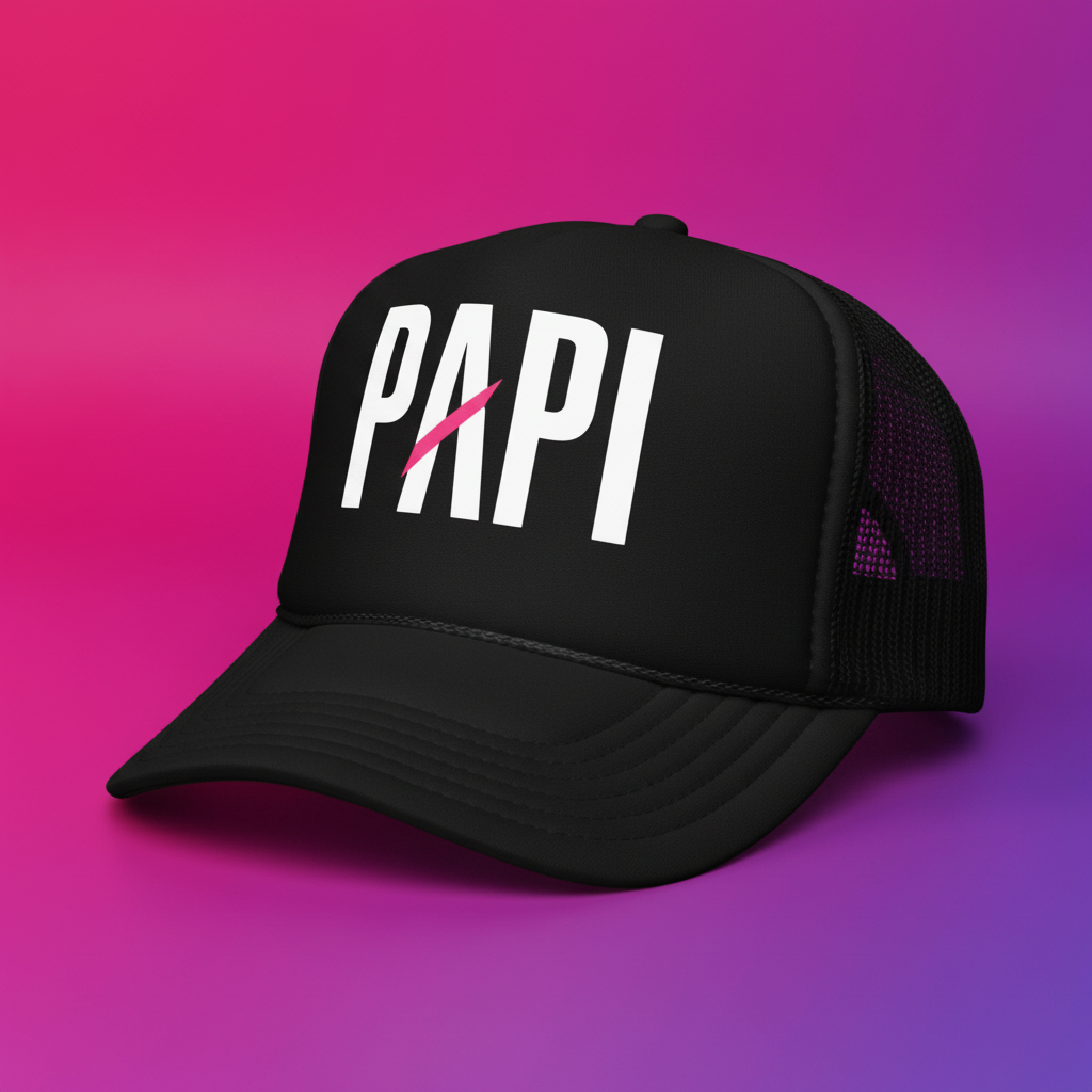 Flaunt It black foam trucker hat with white PAPI text and a pink slash on a vibrant pink and purple gradient background