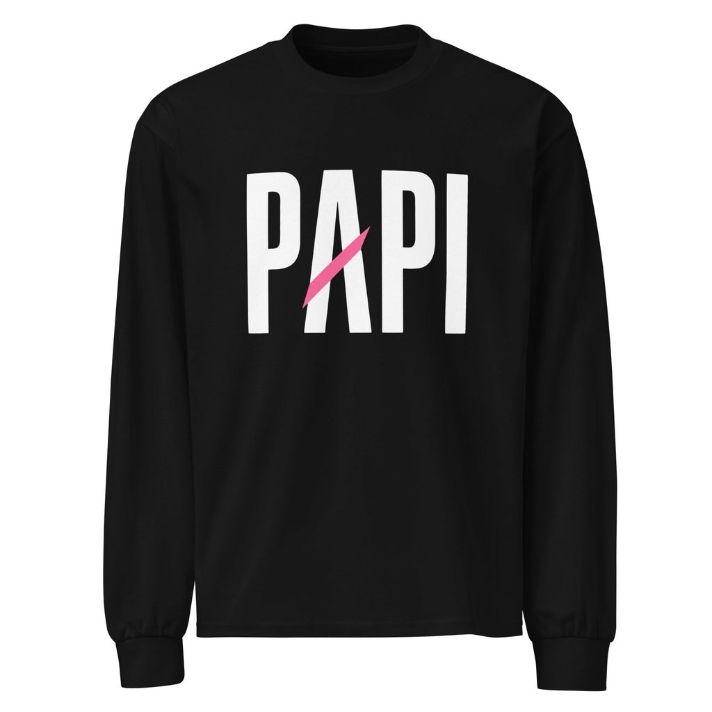 Flaunt It black heavyweight cotton long sleeve shirt with white PAPI text and a pink slash graphic on the chest.