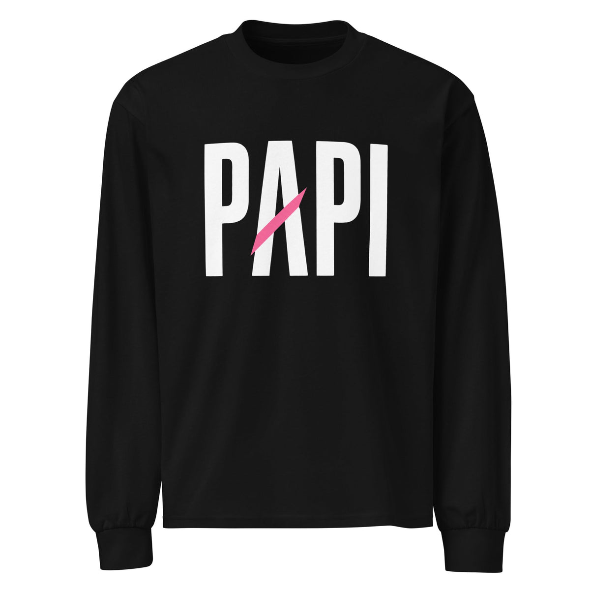 Flaunt It black heavyweight cotton long sleeve shirt with white PAPI text and a pink slash graphic on the chest.