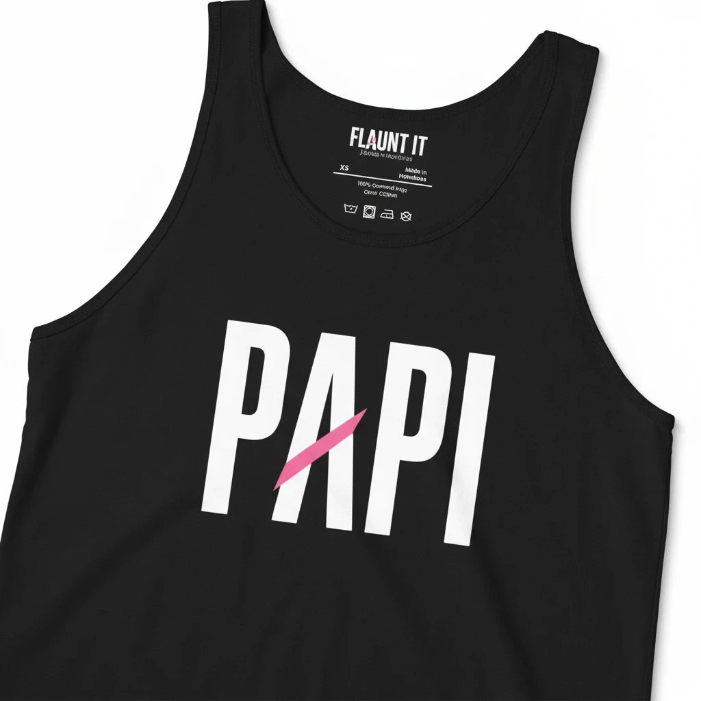 Flaunt It black unisex tank top with white PAPI text and a signature pink slash graphic on the chest.