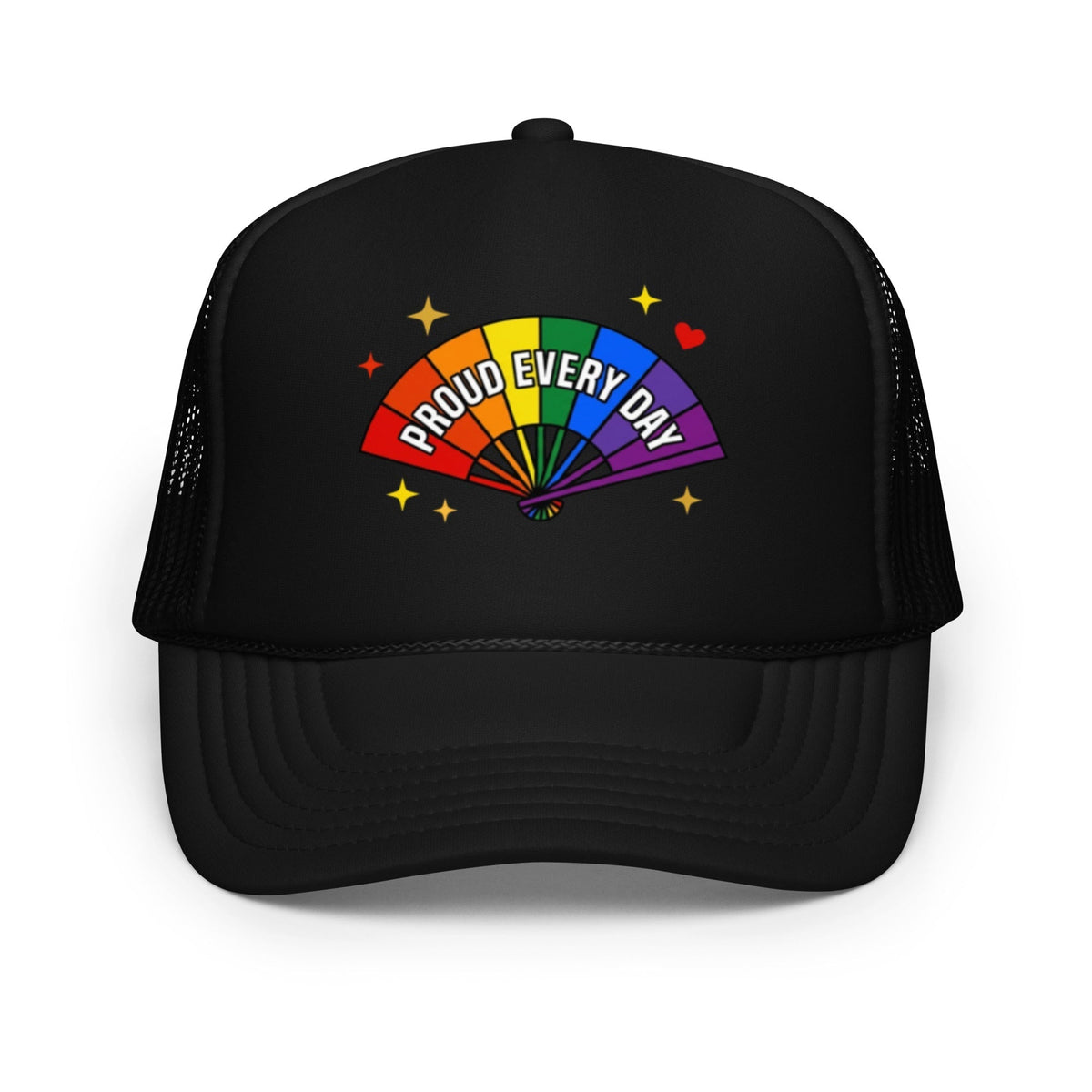 Flaunt It black 5-panel foam trucker hat with a colorful rainbow fan graphic reading Proud Every Day on the front.