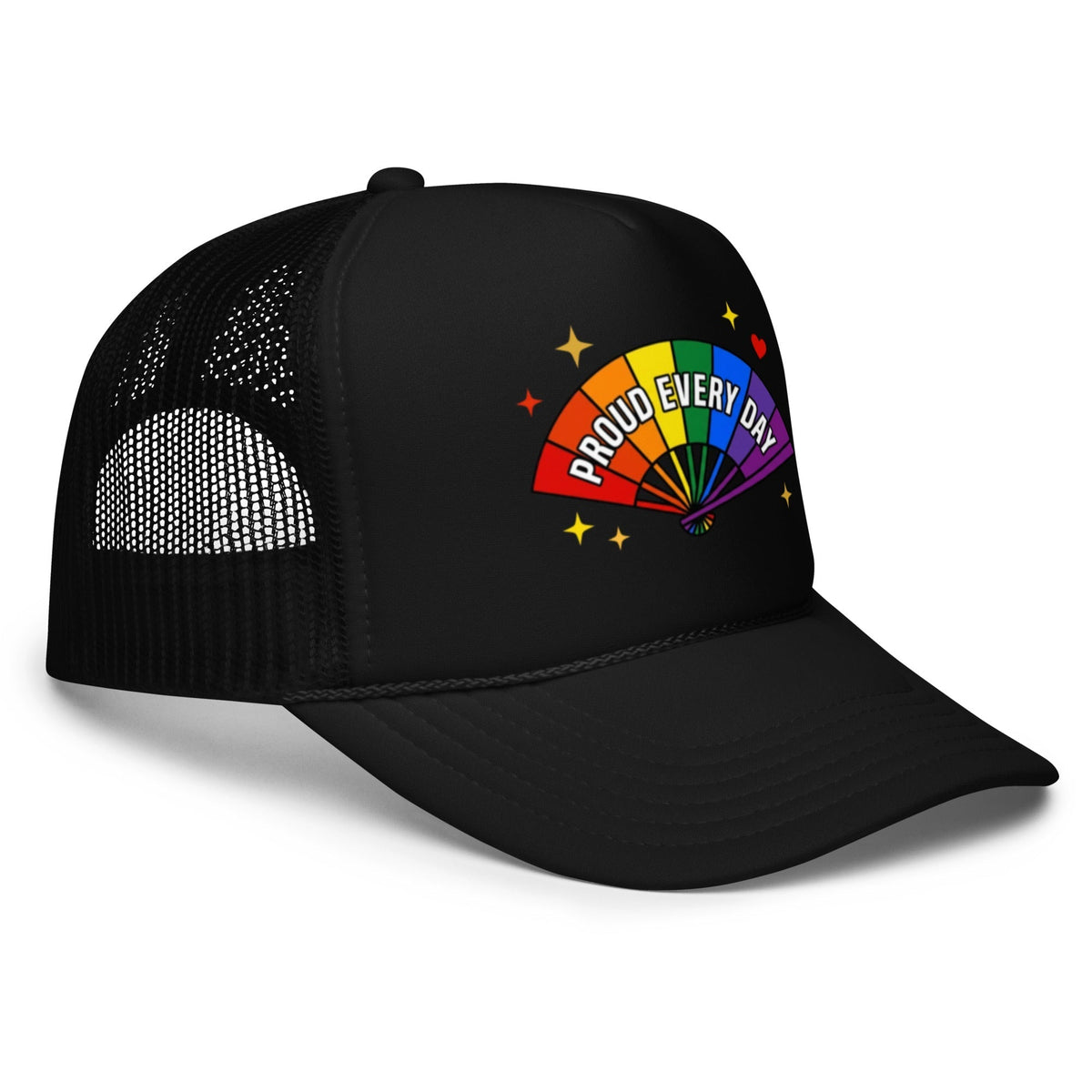 Flaunt It black foam trucker hat with a colorful rainbow fan graphic and Proud Every Day text on the front panel.