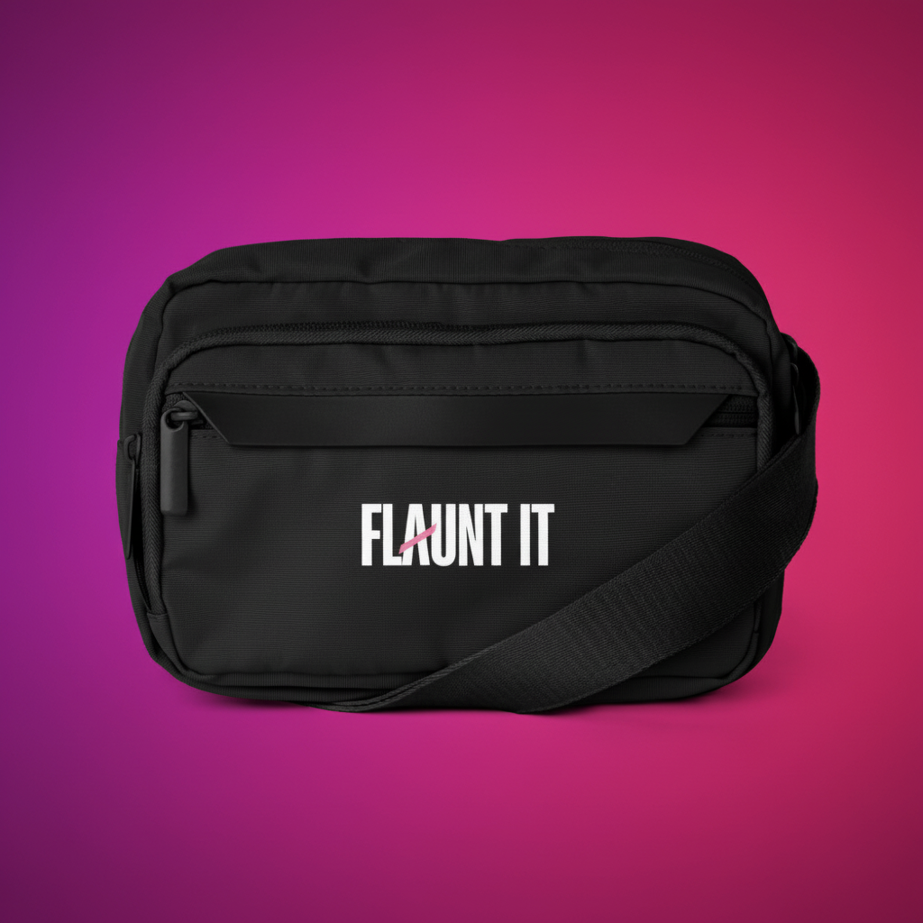 Flaunt It black recycled polyester urban crossbody bag with front zipper pocket and adjustable strap