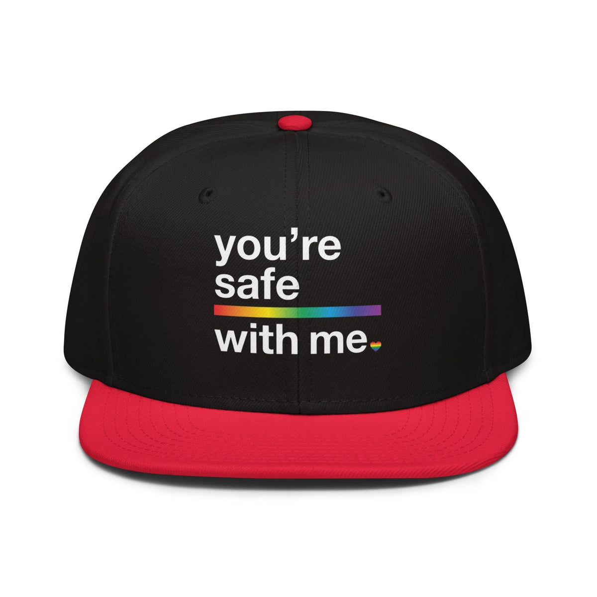 Flaunt It structured snapback cap in black and red with You're Safe With Me text and a rainbow graphic.