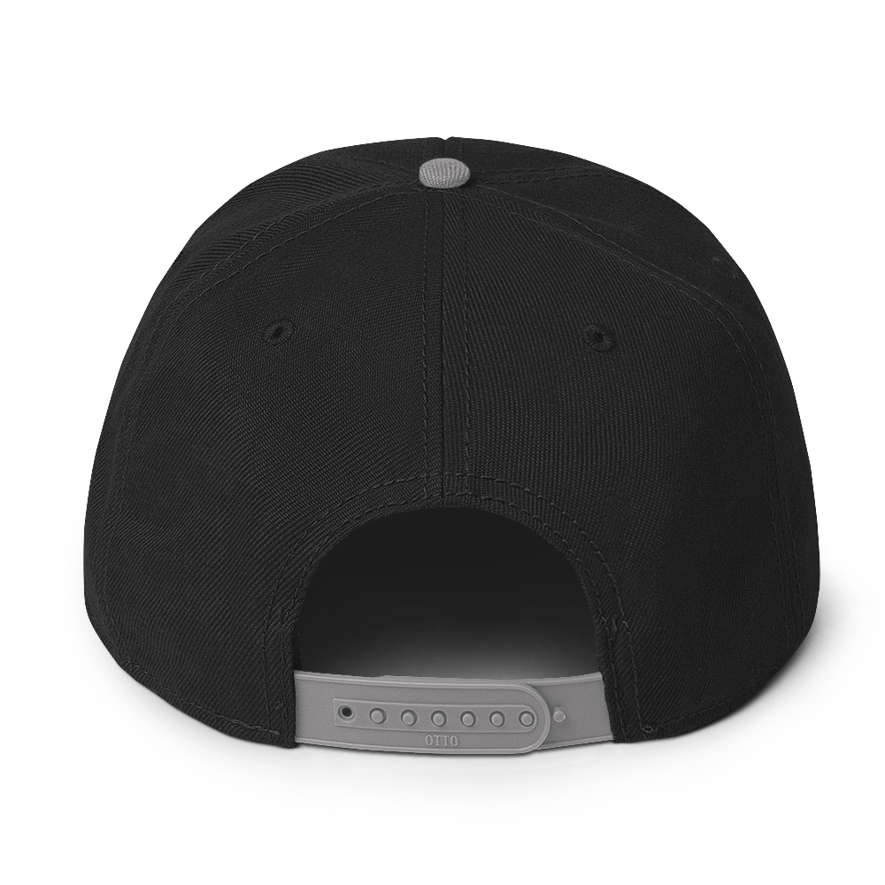 Flaunt It structured black snapback hat with an adjustable grey plastic snap closure, rear view.