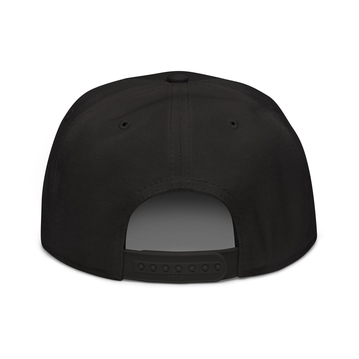 Flaunt It black snapback cap back view showing the adjustable plastic snap closure and structured six-panel design