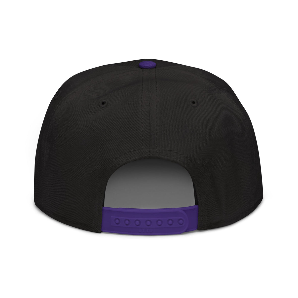 Flaunt It snapback cap back view in black with a purple plastic snap closure and purple top button