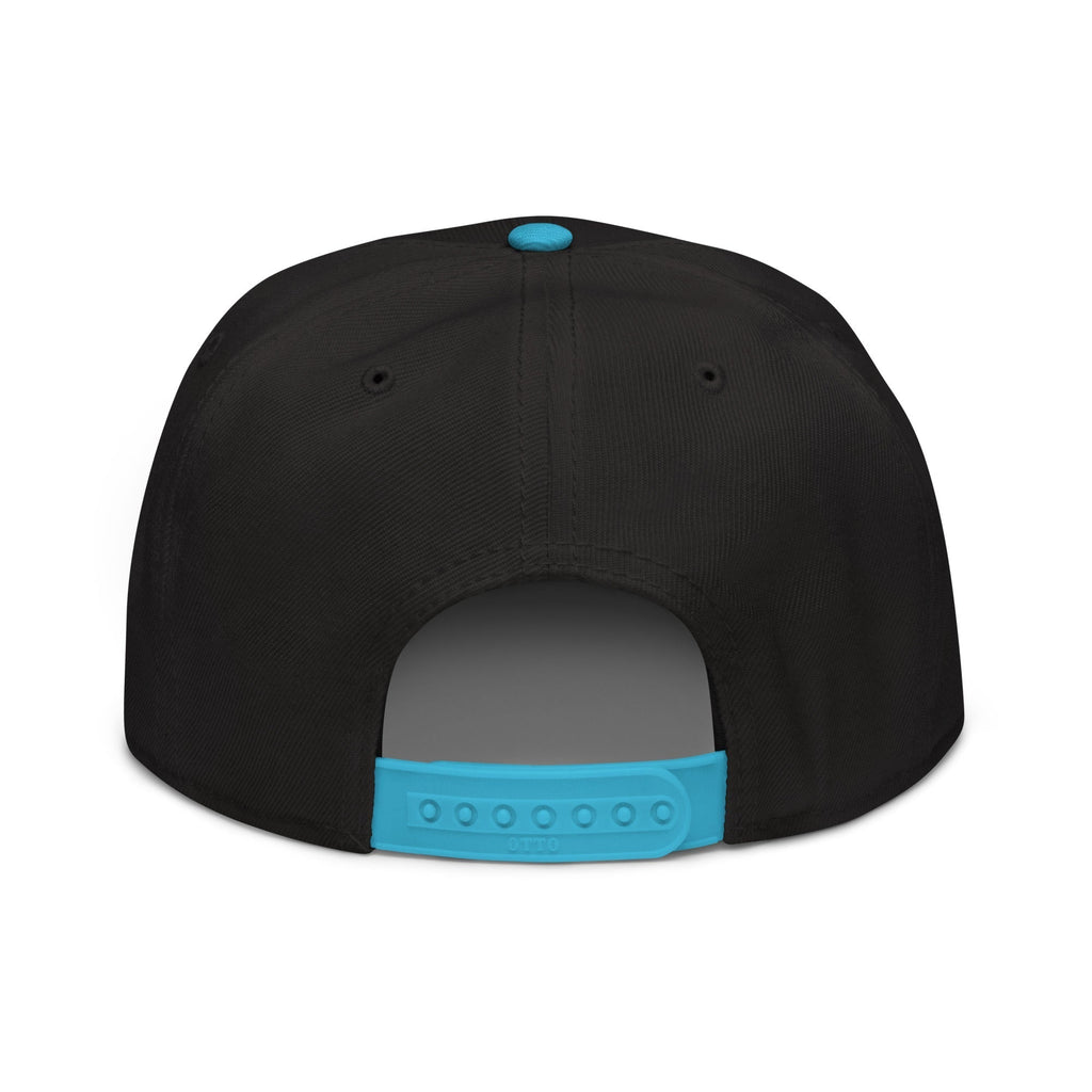Flaunt It black snapback cap with a bright blue plastic snap closure and matching blue top button, rear view.