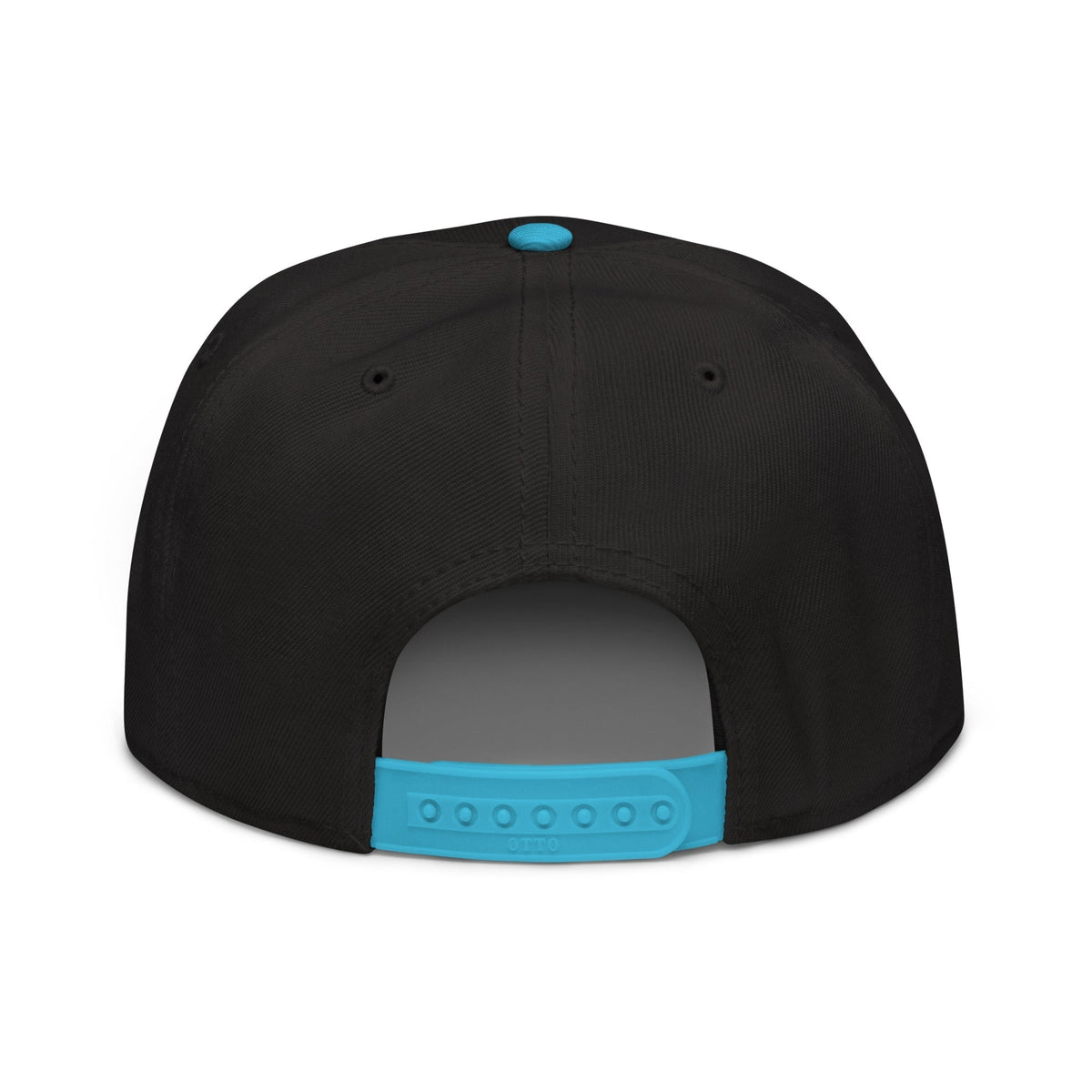 Flaunt It black snapback cap with a bright blue plastic snap closure and matching blue top button, rear view.