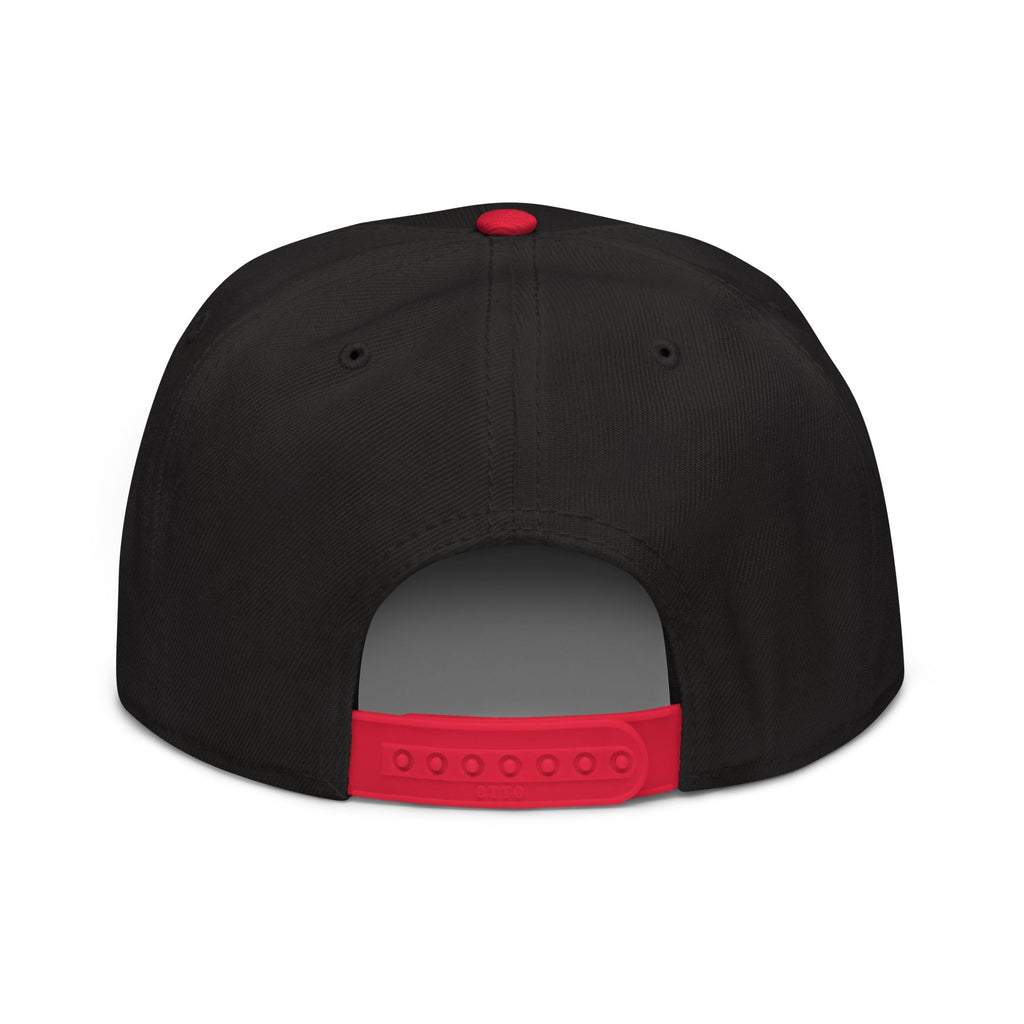 Flaunt It black snapback cap with a red plastic snap closure and red button top, rear view showing adjustable strap.