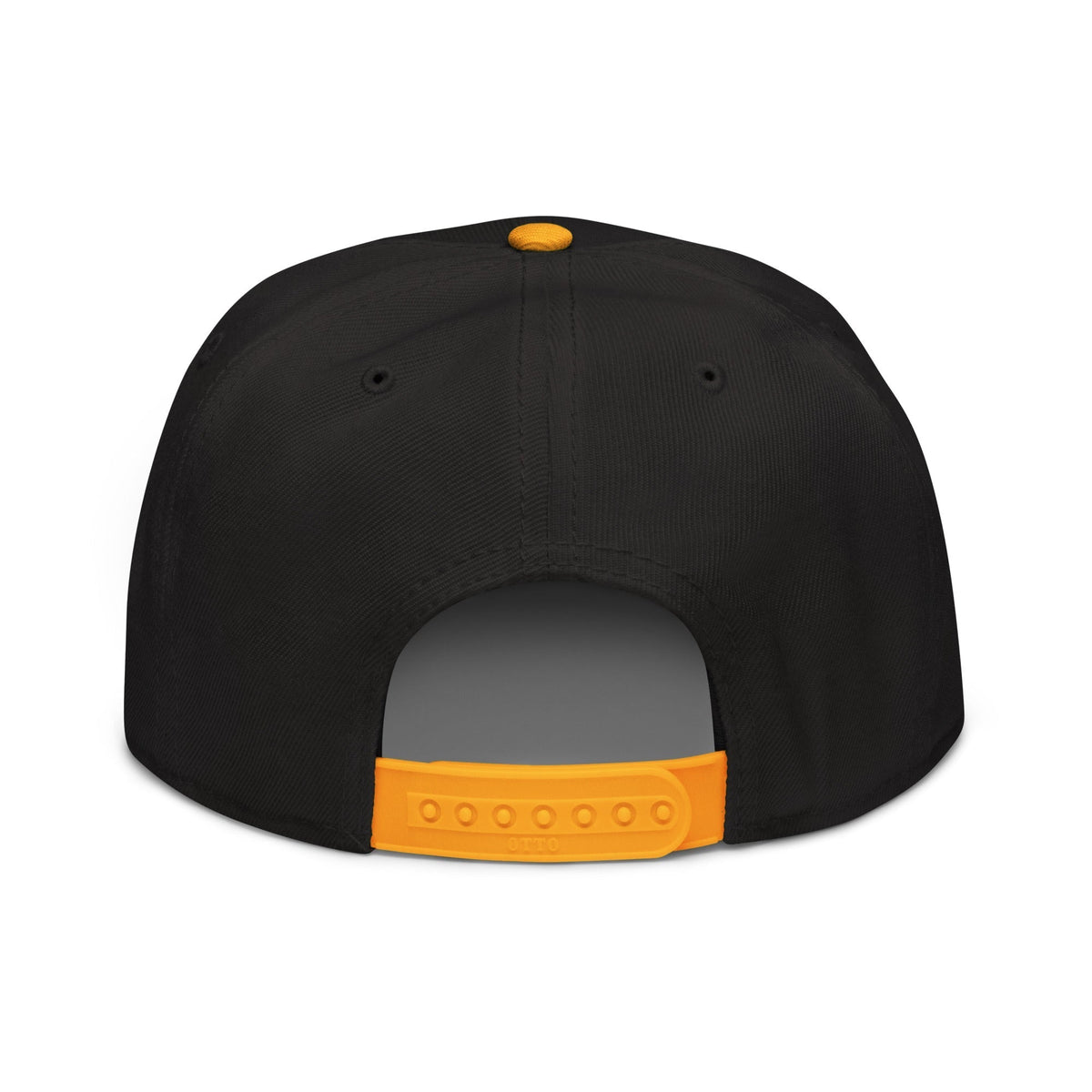Flaunt It black snapback cap with a yellow plastic snap closure and yellow top button, rear view.